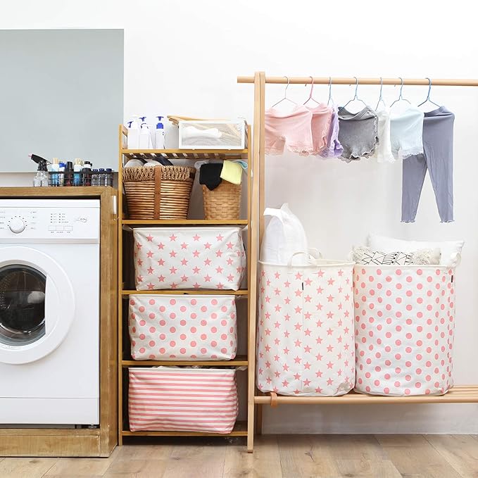 Sea Team 19.7 Inches Large Sized Waterproof Coating Ramie Cotton Fabric Folding Laundry Hamper Bucket Cylindric Burlap Canvas Storage Basket with Stylish Stars Design (19.7", Pink Star)