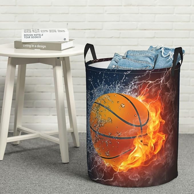 Dujiea Basketball Ball in Fire and Water Laundry Basket Round with Handle, Collapsible Foldable Canvas Storage Bin Dirty Clothes Bag for Laundry/Toys Organizer/College Dorm/Nursery/Decor(2 Sizes)