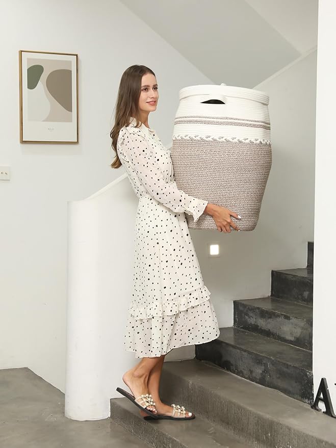 26"x20" Handcrafted Tall Cotton Rope Basket with Lid, Stylish Flagon Shape with Cover, Clothes Hamper with Top, for Bedroom and Living Room, White/Deep Camel White Mix