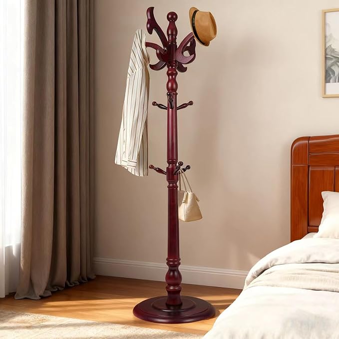 73" Wooden Freestanding Coat Rack，Easy to Adjust, Easy to Assemble for Children, Youth,Coat Rack Stand With Adults，18 Hooks and Round Solid Wood Base for Entrance Hallway Office Living Room (fishtail)