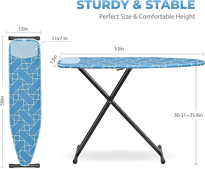 APEXCHASER Ironing Board, Metal Panel Iron Board with Iron Mat, Heat & Scorch Resistant Cover, Adjustable Height Heavy Duty Ironing Board for Home, Dorm, Blue and Black