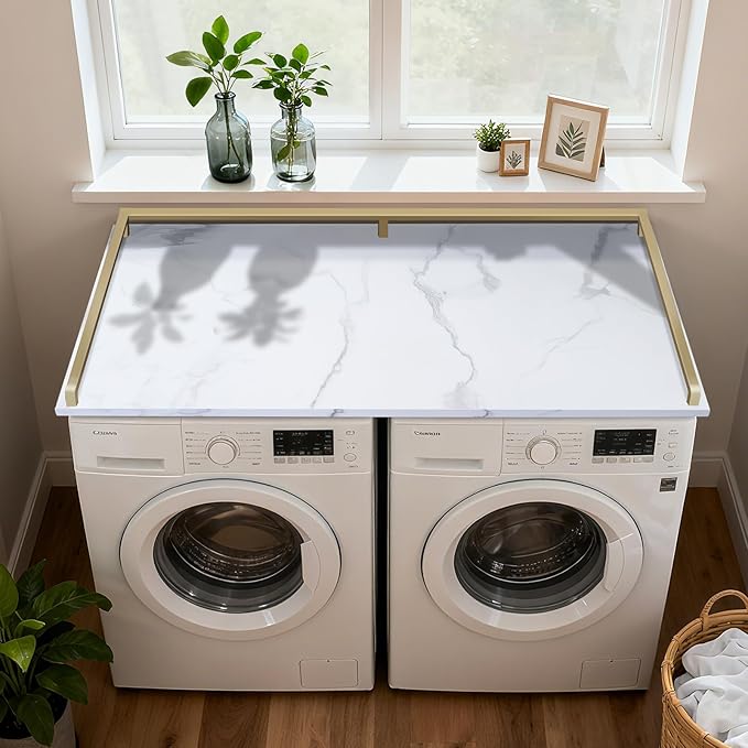 Washer Dryer Countertop, 27.5" D x 54" W Wood Washer Dryer Shelf Topper with 2.6" H Metal Edge and Anti-Skid Pads, for Laundry Room Storage and Organization, Folding Clothes(White)