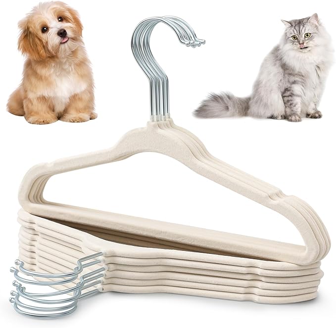Weysat 12 Pcs Dog Clothes Hangers 11'' Non-Slip & 360° Swivel Velvet Small Pet Beige Hangers for Cats/Dogs with Rustproof Metal Hooks, Space-Saving for Home Storage & Grooming Salons Minimalism