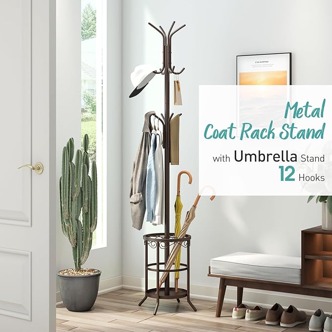 Coat Rack with Umbrella Holder, Metal Coat Rack Stand with 12 Hooks, for Entryway, Hallway, Living Room, Bedroom