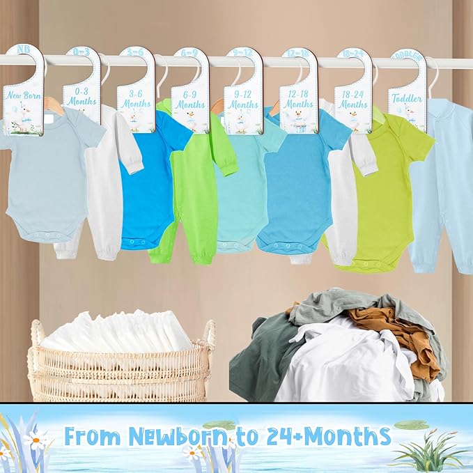 Baby Closet Dividers 8PCS, Blue Goose Themed Wooden Double-Sided Clothes Size Hanger Organizer from Newborn to Toddler for Nursery Decor Baby Shower Birthday Gift