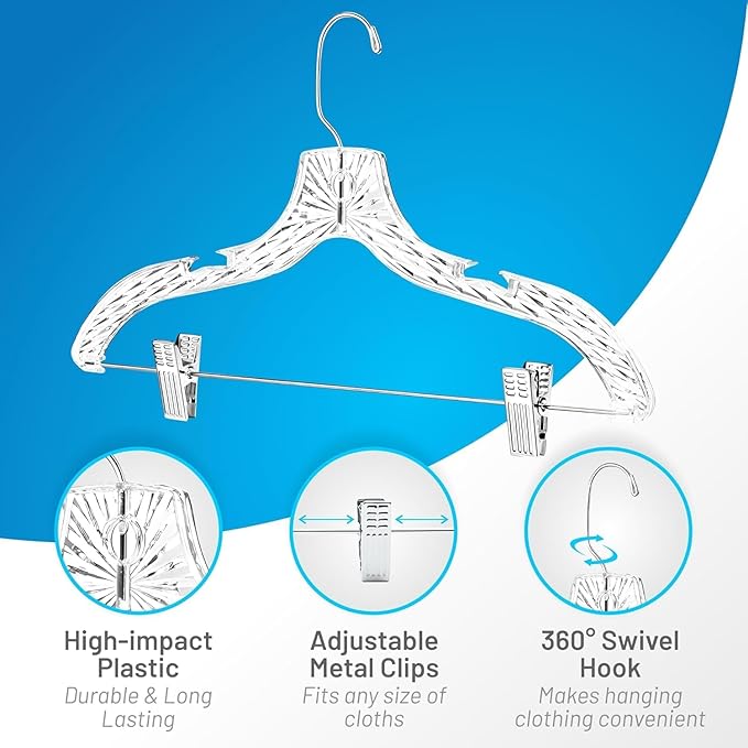 Clothes Hangers with Clips Plastic Set of 100 Pack Heavy Duty Hangers Dresses, T-Shirts Shirt Suit Hangers for Closet Organization Crystal Clear Hanger Pants Skirt Hanger Women and Men