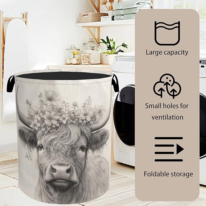 Highland Cow Foldable Laundry Hamper - Waterproof Fabric Storage Basket with Handles, Clothes Hampers for Laundry,Bedroom,Dorm