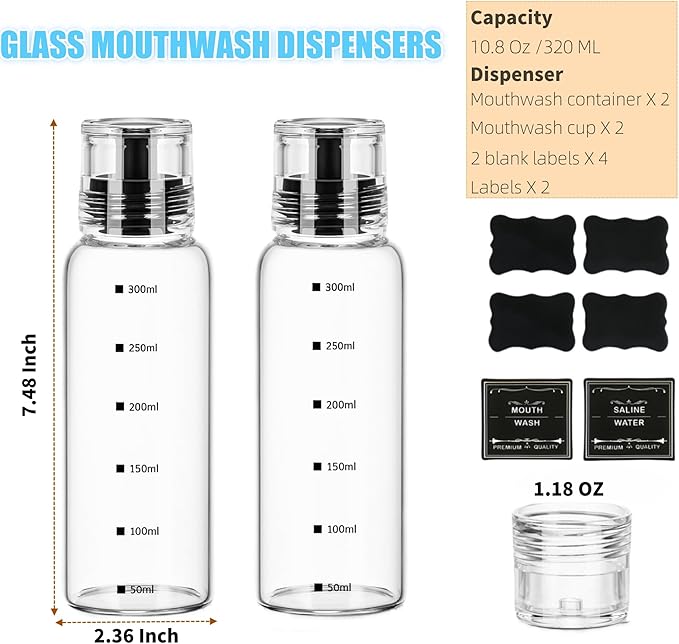 Glass Mouthwash Dispenser for Bathroom, 10.8oz Mouth Wash Container Bottle with Lid Cup, Refillable Glass Mouth Wash Decanter, Clear Mouth Wash Bottle for Countertop/6 Pcs Label-2 Pack