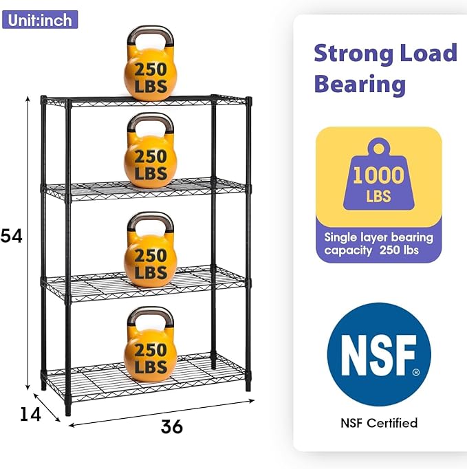 YRLLENSDAN Heavy Duty 4-Tier Wire Shelving Unit – NSF Certified Adjustable Metal Storage Rack for Kitchen, Garage, Pantry – 1000 lbs Capacity – 36" W x 14" D x 54" H ﻿
