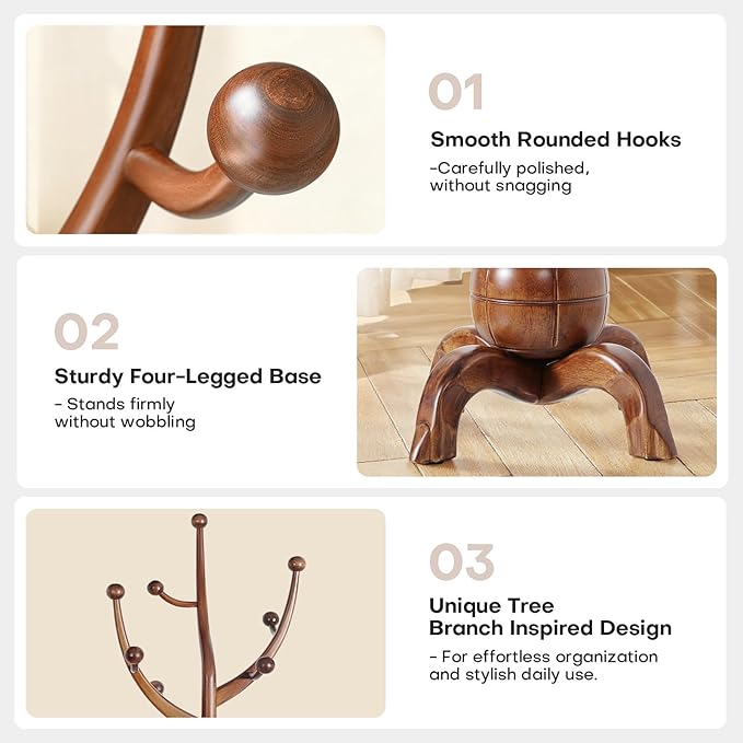 Wooden Coat Rack Freestanding with 8 Hooks, Heavy Duty Coat Hanger Stand with Stable Base, Vintage Coat Tree Standing Coat Racks for Entryway, Hallway, Bedroom (Walnut)