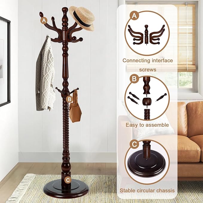Solid Wood Coat Rack, Free Standing Hall Coat Tree with 11 Hooks, 2 Height Options, 270lbs Load, Stury Base, Clothes Rack for Entryway, Hallway, Bedroom (Disc Base - Dark Brown)