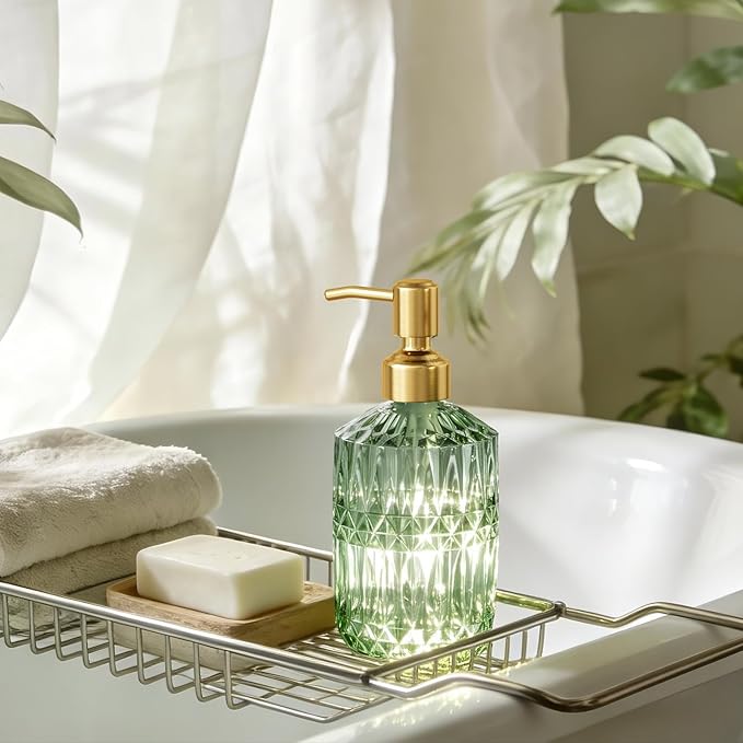 AmazerBath Soap Dispenser Green Glass Soap Dispenser with Pump Stainless Steel, 14.2OZ Luxury Gold Hand Soap Dispensers Bottles Bathroom, Refillable Kitchen Soap Dispenser for Dish Soap, 1 Pack