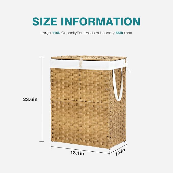 DUMOS Wicker Laundry Basket with Lid, 24 Gallon (91L) Woven Laundry Hamper with Handles, Foldable Rattan Clothes Hamper with Removable Liner & Sturdy Steel Frame, Goose Yellow