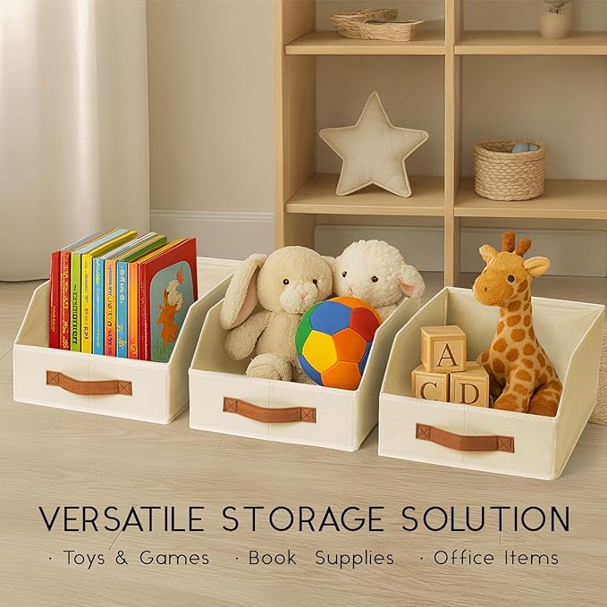 Fabric Storage Bins for Organizing - 8 Pack Large Trapezoid Collapsible Storage Bins with Front Handle, Closet Organizers and Storage for Bedroom, Home Shelves, Small Spaces, Beige