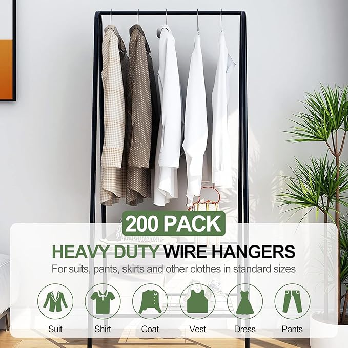 200 Pack Bulk Metal Clothes Hangers, Heavy Duty Wire Coat Hangers, Non-Slip, Ultra Thin Space Saving Hangers for Closet, Shirts, Suits, Pants, 16 Inch