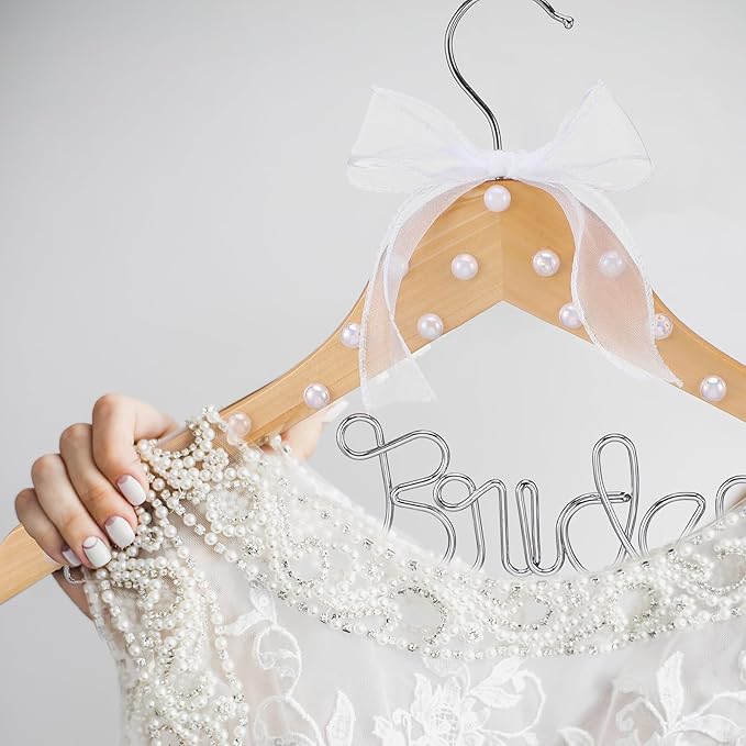 Honeydak Mrs. Wedding Dress Hanger for Bride to Be,Elegant Bridal Hanger for Brides Gowns, Bridal Party Shower Gift,Wedding Gift (Natural Silver,Pearl)