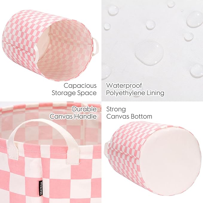 Sea Team 19.7 Inches Large Sized Waterproof Coating Ramie Cotton Fabric Folding Laundry Hamper Bucket Cylindric Burlap Canvas Storage Basket with Stylish Grid Pink Design