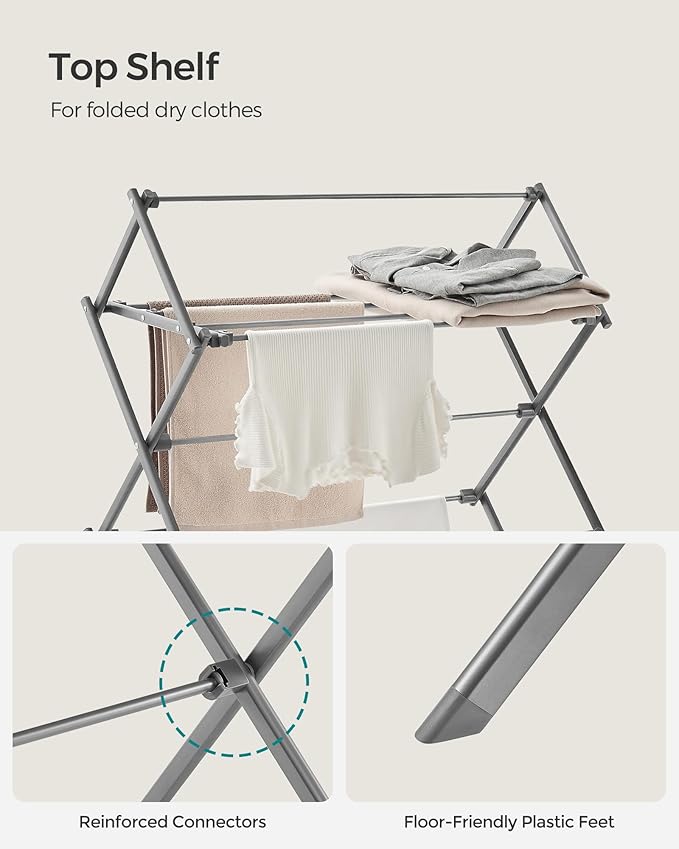 SONGMICS Foldable Clothes Drying Rack, Laundry Drying Rack, Clothes Airer, Steel Frame, 14.6 x 29.5 x 53.2 Inches, Easy Assembly, Indoor Outdoor Use, Gray ULLR770G01