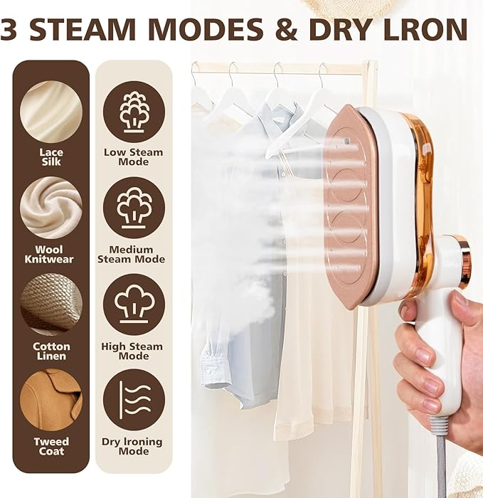 2 In 1 Portable Ironing Machine, Handheld Clothing Steam Iron, 180°Rotation, LED Display Ironing Mode, 1200W +15 Seconds Fast Heating, 7-Hole Pressurized Steam, 4-Speed Ironing (Off White)
