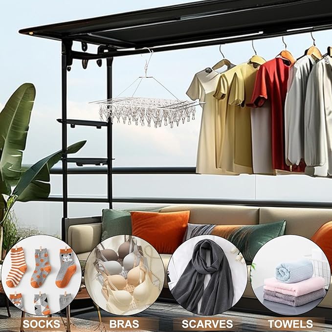 5 Pack 17x10 inch Stainless Steel Drying Rack with 60 Clips, Swivel Sock Drying Rack with Windproof Clips, Stainless Steel Clothes Hanger for Bras, Clothes, Sock & Underwear Towels