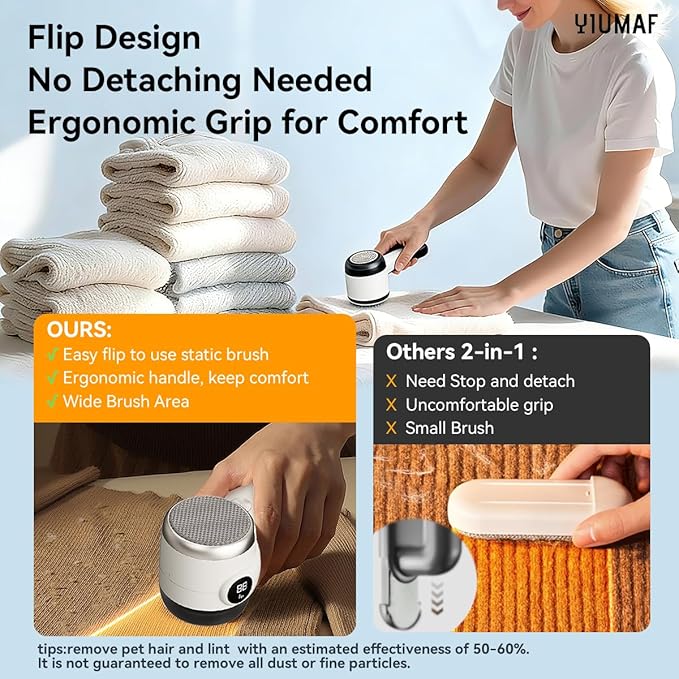 Cordless Rechargeable 2-in-1 Fabric Shaver & Lint Remover for Clothes, Electric Pill Remover with Static Brush for Sweater, Sofa, Blanket, Furniture,3-Speed, USB-C, 6-Blade