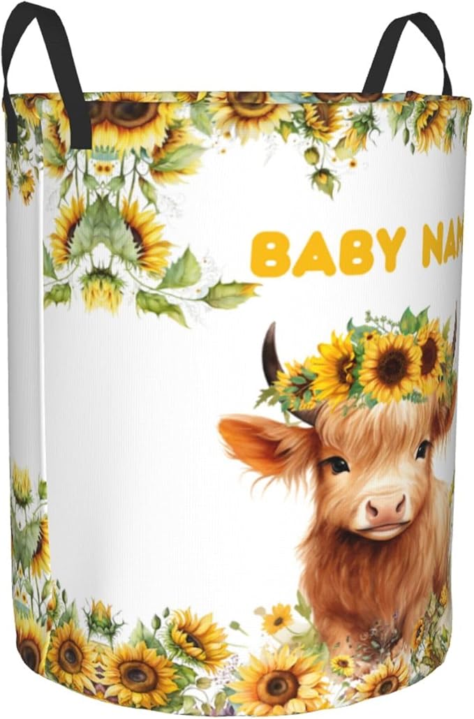 Personalized Cow Sunflower Laundry Basket For Baby Kids Boys Girls Adult Custom Hamper Basket With Name For Bathroom Bedrooms Collapsible Baby Laundry Basket, Dirty Clothes Hamper With Handles