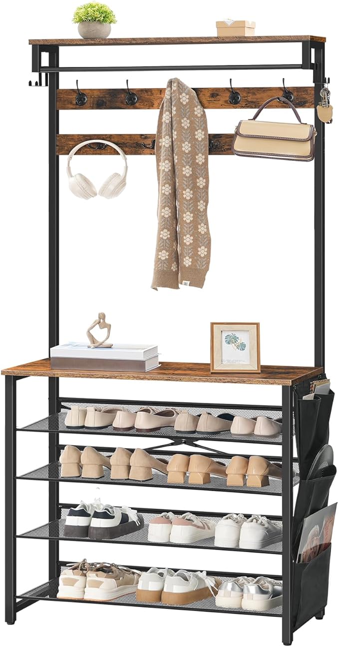 HOOBRO Hall Tree with Bench, Entryway Coat Rack with Shoe Rack, 39.4" Shoe and Coat Rack, 5 Tier Shoe Storage Organizer with Oxford Fabric Side Pockets, Adjustable Mesh Shelves, Rustic Brown BF76MT01