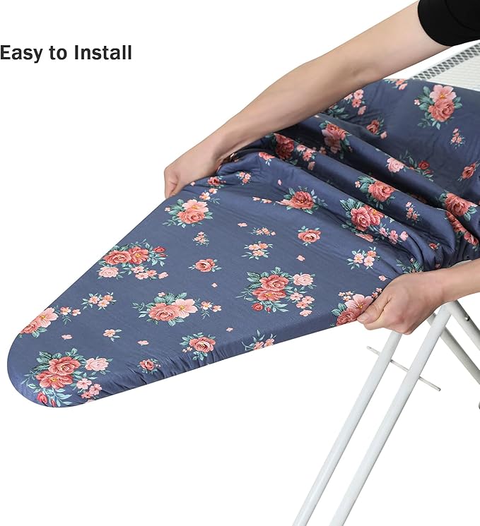 Ironing Board Cover and Pad Standard Size 15" x 54",3 Pairs of Hook and Loop Fastener Straps,Elastic Edges,Cotton Iron Board Cover with Scorch Resistant Thick Padding (Blue+Flowers)