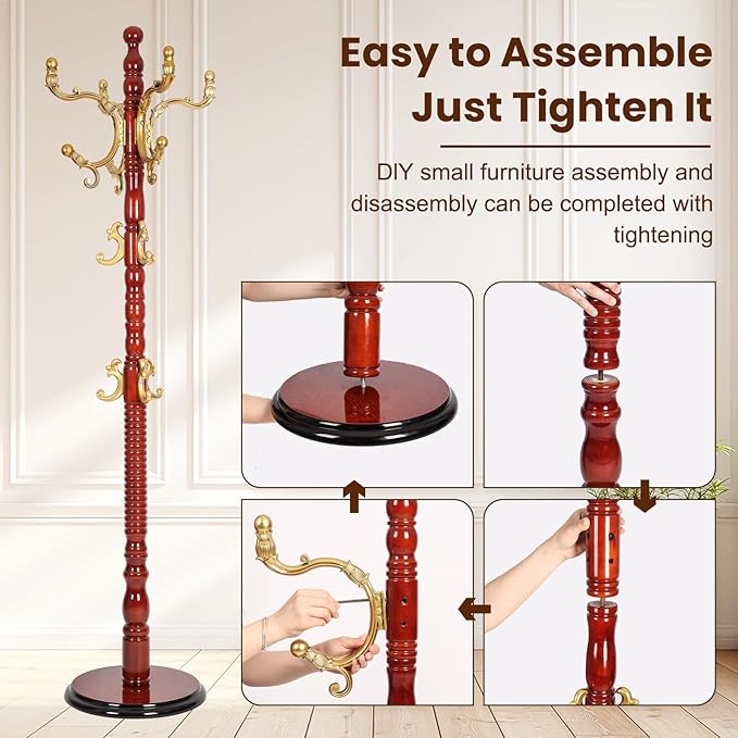 Freestanding Coat Rack with 12 Hooks, Sturdy Wooden Hall Tree for Entryway, Heavy-Duty Disc Base,for Hanging Hats, Jackets, Bags, Easy Assembly for Bedroom, Hallway, Office