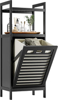 HITNET Tilt Out Laundry Hamper, Bamboo Bathroom Cabinet with Pull Out Removable Bag and 2 Tier Storage Shelves, 8.5 Gallon Clothes Basket with Metal Handle, Black