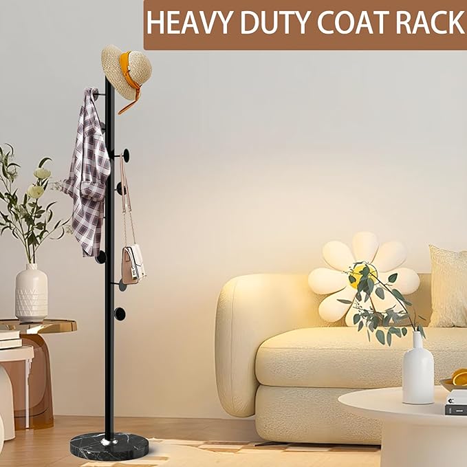 Modern Metal Coat Rack Stand with Natural Marble Base, Heavy Duty Coat Rack Freestanding with 8 Hooks, Black Standing Coat Racks Hall Tree Stand for Bag, Jacket, Entryway Office