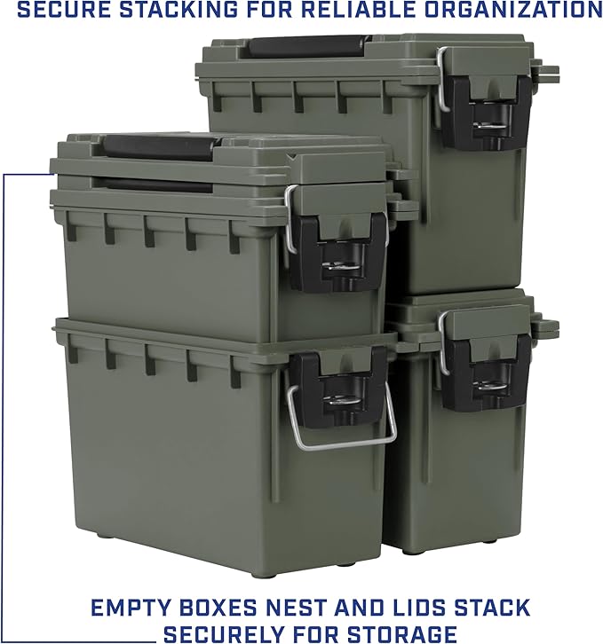 Sheffield 12626 Ammo Storage Box, Stackable .30 Cal Field Boxes, Water and Dust Resistant, Lockable Storage Box with Handle, Secures Hunting Gear, Supplies, and Bullets, Made in USA, Green, 1-Pack