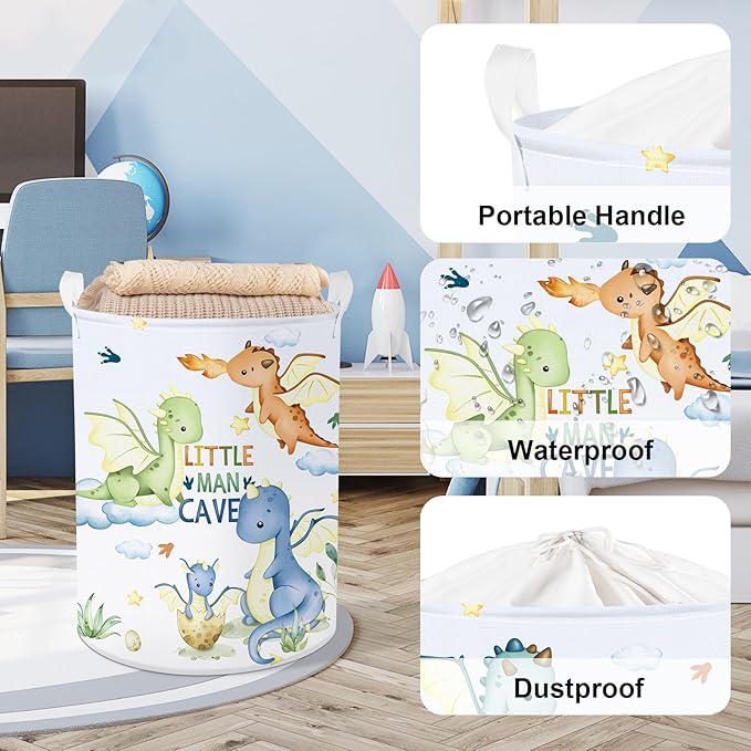 Clastyle Blue Dragon Kid Laundry Hamper with Lid Flying Dino Collapsible Laundry Basket with Handles Star Cloud Clothes Towel Toy Storage Basket for Boy Girl Nursery