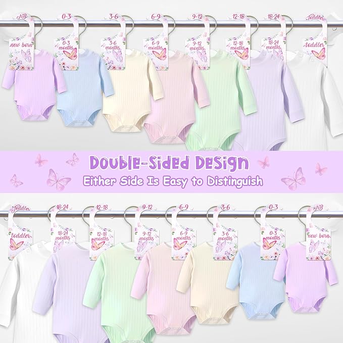 Baby Closet Dividers 8PCS, Butterfly/Floral Theme Wooden Double-Sided Clothes Size Hanger Organizer from Newborn to Toddler for Nursery Decor Baby Shower Birthday Gift