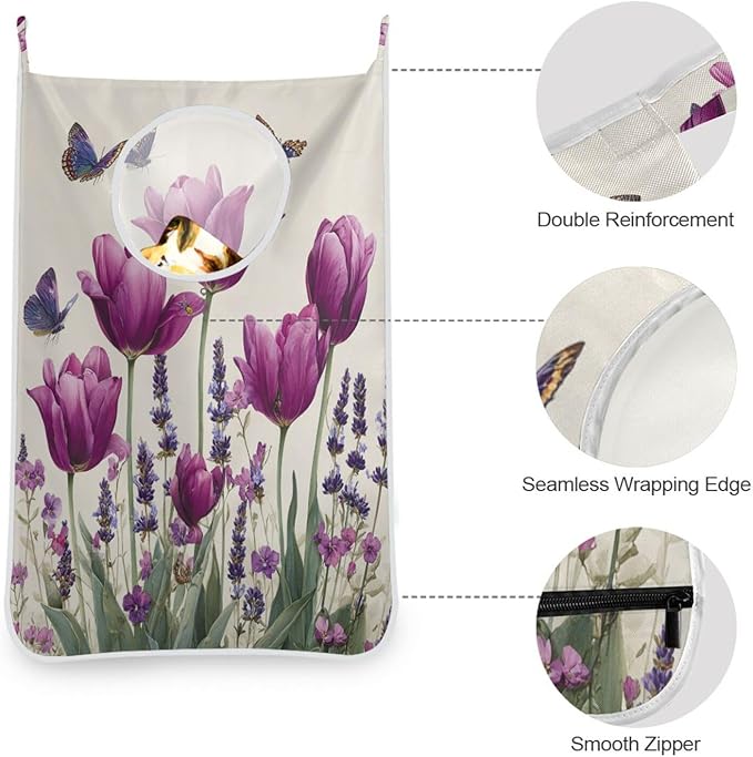 Purple Tulilp Butterfly Hanging Laundry Hamper Door Hampers Bag Basket with Stainless Steel Hooks Oxford Fabric Printing Decorative Clothes Bags 29.5X20inch 1Pack