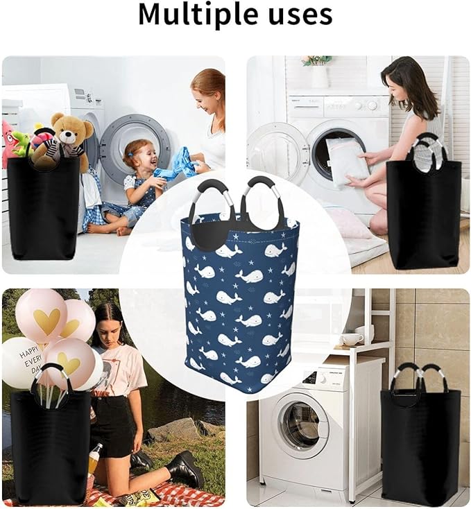 Blue Whale Laundry Basket Navy Blue Foldable Laundry Hamper Ocean Animal Collapsible Laundry Baskets with Handles Clothes Hamper Laundry Tote Bag for Dorm Family Storage Bin 50L