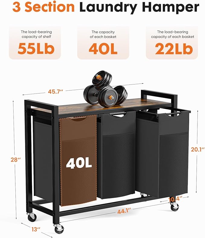 NEWBULIG Rolling Laundry Hamper with Removable Pull-Out Bag, Freestanding Clothes Basket Organizer with Wheels for Bathroom & Bedroom, 3 × 10.6 Gal (120L) - Rustic Brown & Black