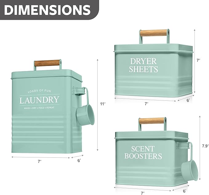 Calindiana Modern Farmhouse Laundry Powder Container, Dryer Sheets Holder and Scent Boosters Container Bundle for Laundry Room Organization and Storage, Laundry Room Decor