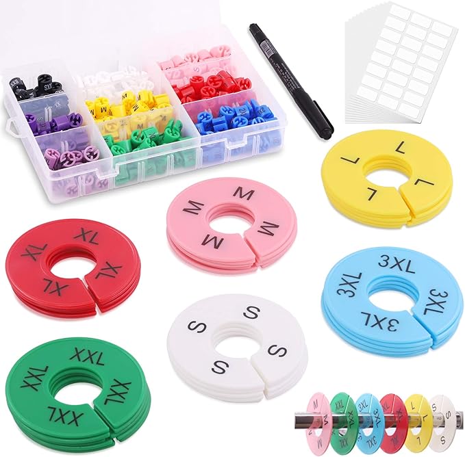 236Pcs Hanger Size Markers and Clothing Size Dividers for Clothes Rack Assortment Kit Including 200Pcs Hanger Size Markers 30Pcs Round Dividers 5Pcs Markers and Adhesive Labels