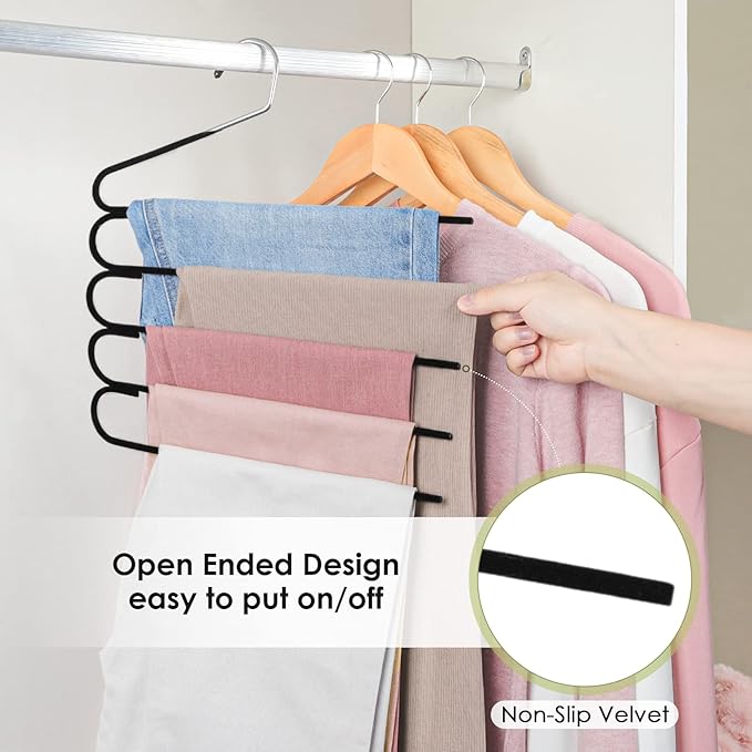 Velvet Hanger for Pants Space Saving- Multi Layer Jeans Trouser Hanger,Myfolrena Open Ended Hanger for Pants Multiple Hangers Closet Organizer for Scarf Jeans Leggings(5-Pack)