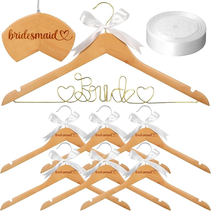 8 Pcs Wire Bride Bridesmaid Hanger Set Wood Color Wedding Dress Hanger with White Ribbon Wooden for Bridal Shower Photo Keepsake Party Wedding Gift