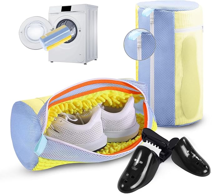 Shoe Washing Machine Bag 2Pack - Reusable Shoe Laundry Bag with Mesh Socks Insoles Washing Bag - 360°Deep Protective XXL Cleaning Bags for Sneakers Delicate Footwear - Home Travel Essentials, Yellow
