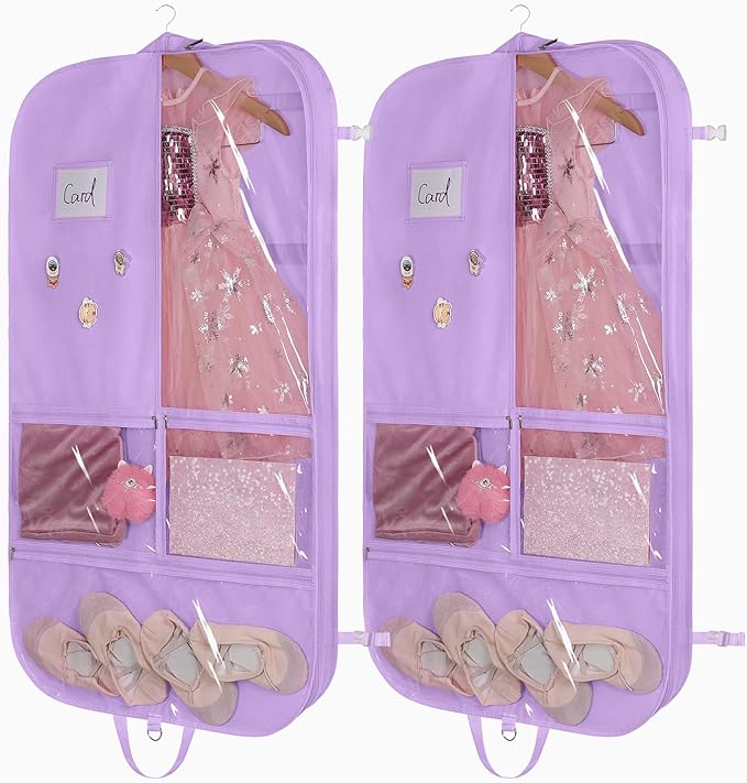 Univivi Purple Dance Costume Bags Garment Bag 40 Inch for Dance Competitions, 3 Medium Clear Zipper Pockets and 2 Back Zippered Pockets, with 1 xPendant, 3 x Badge（2 Pack）