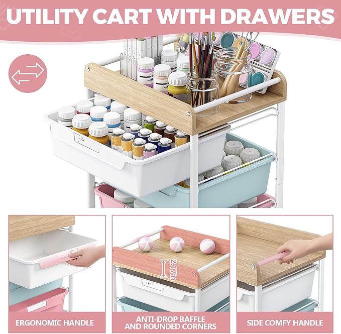 APEXCHASER Plastic Drawer Organizers with Wheels, 4-Tier Rolling Storage Cart with Wooden Top, Plastic Drawer Unit for Kids’ Toys, Office Supplies, Nursery Essentials, and Laundry Storage,Colorful