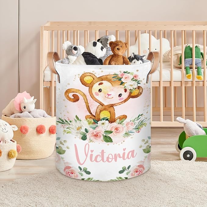 Personalized Laundry Basket, Custom Gift Laundry Hamper, Collapsible Nursery Waterproof Laundry Baskets, Dirty Clothes Toy Hamper with Handles Cute Girly Monkey