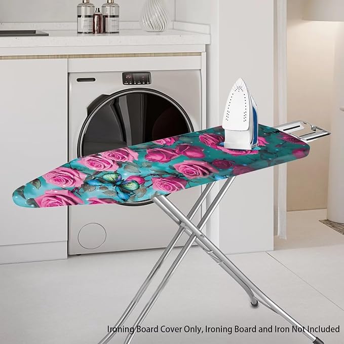Pink Rose Ironing Board Cover and Pad Heat Reflective Stain Resistant Iron Board Cover with Padding Standard Size 15x54 Pressing Cloth for Ironing