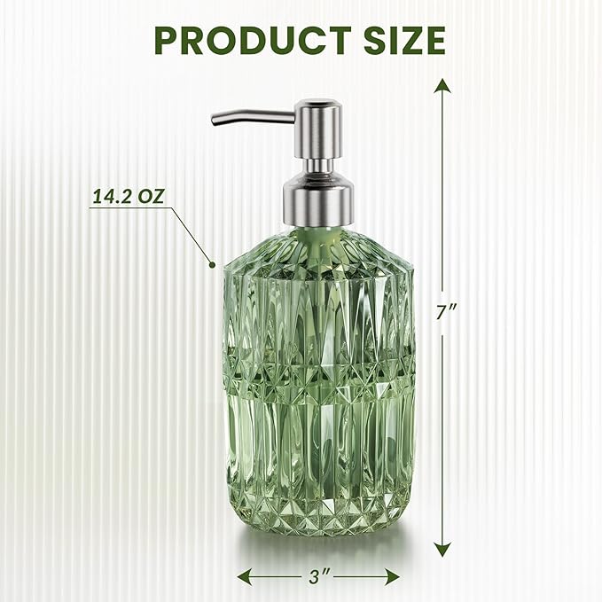 AmazerBath Soap Dispenser, Green Glass Soap Dispenser with Pump Stainless Steel, 14.2OZ Refillable Hand Bottles Bathroom Kitchen, 1 Pack
