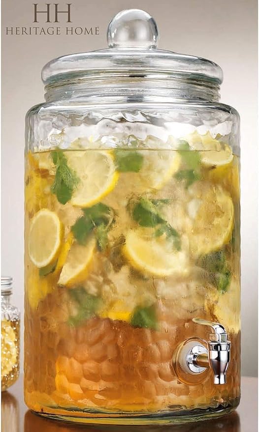 MosJos 3 Gallon Classic Hammered Glass Ice Cold Beverage Drink Dispenser - With Glass Lid 100% Leak Proof Spigot- Wide Mouth Easy Filling For Outdoor, Parties & Daily Use