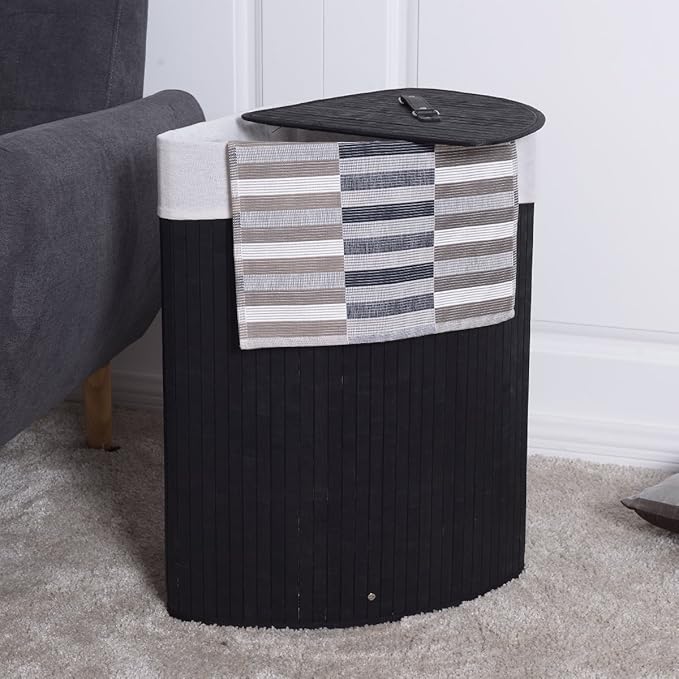 GOFLAME Corner Bamboo Laundry Hamper with Lid and Removable Liner, Washing Clothes Basket Storage Bin with Handle, Suitable for Bedroom, Bathroom, Laundry (Black)