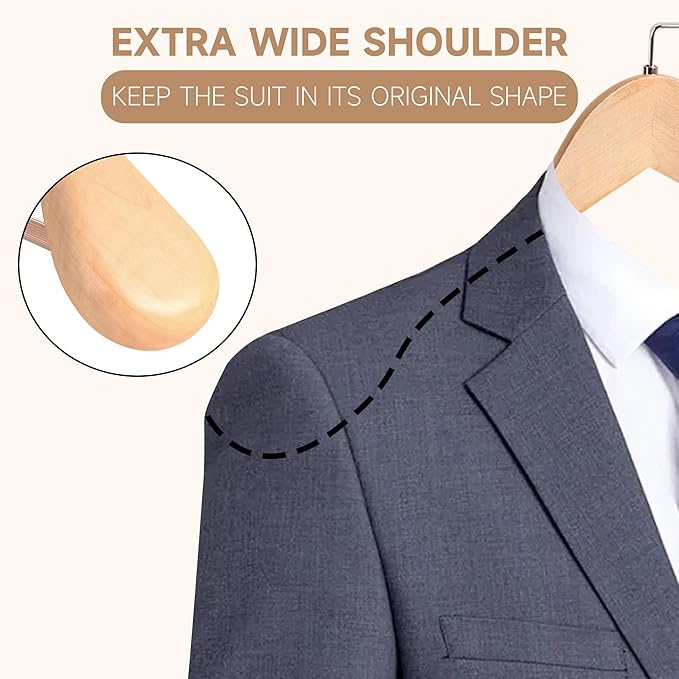 16-Inch Wooden Suit Hangers with Non Slip Pants Bar, 2-Pack Wood Extra-Wide Shoulder Hangers, Flat-Head Hook Hangers for Suits, Coats, Jackets, Shirts, Pants, and Heavy Clothes (Natural Wood)